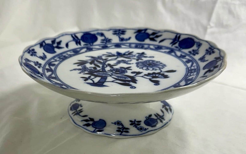 Antique Lewis Straus & Sons Blue Meissen Pedestal Cake Stand Blue Onion Pattern