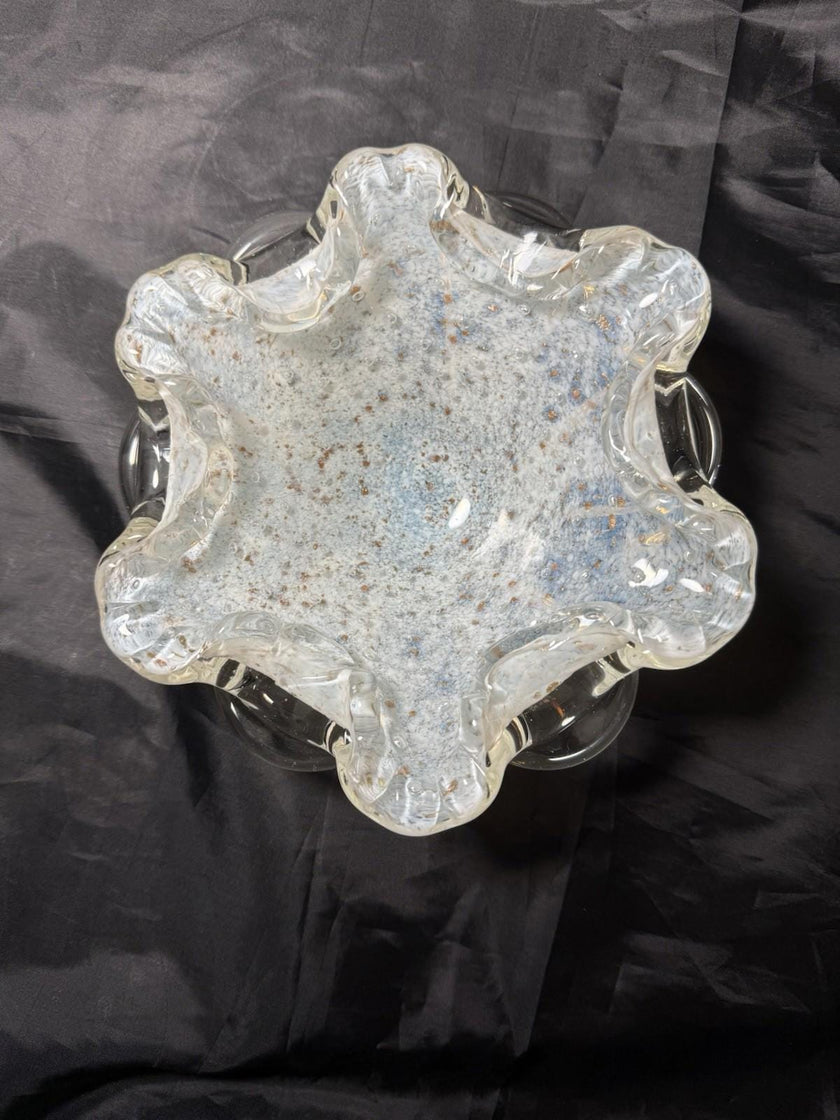 Vintage Murano Aventurine Italian Glass Bowl Fratelli Toso Opalescent White Blue