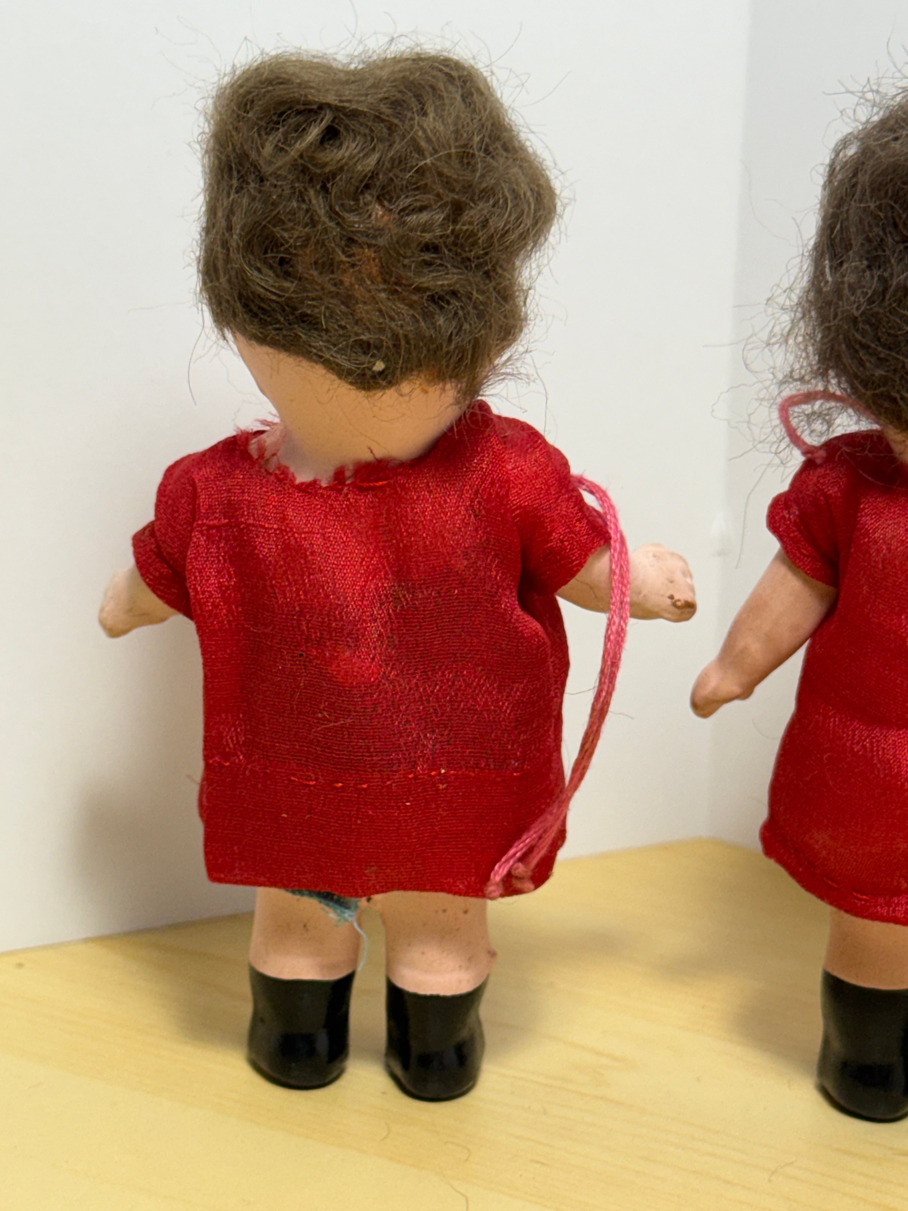 Pair of Vintage 1930s Roberta Composition Kewpie-Style Dolls in Red Dresses