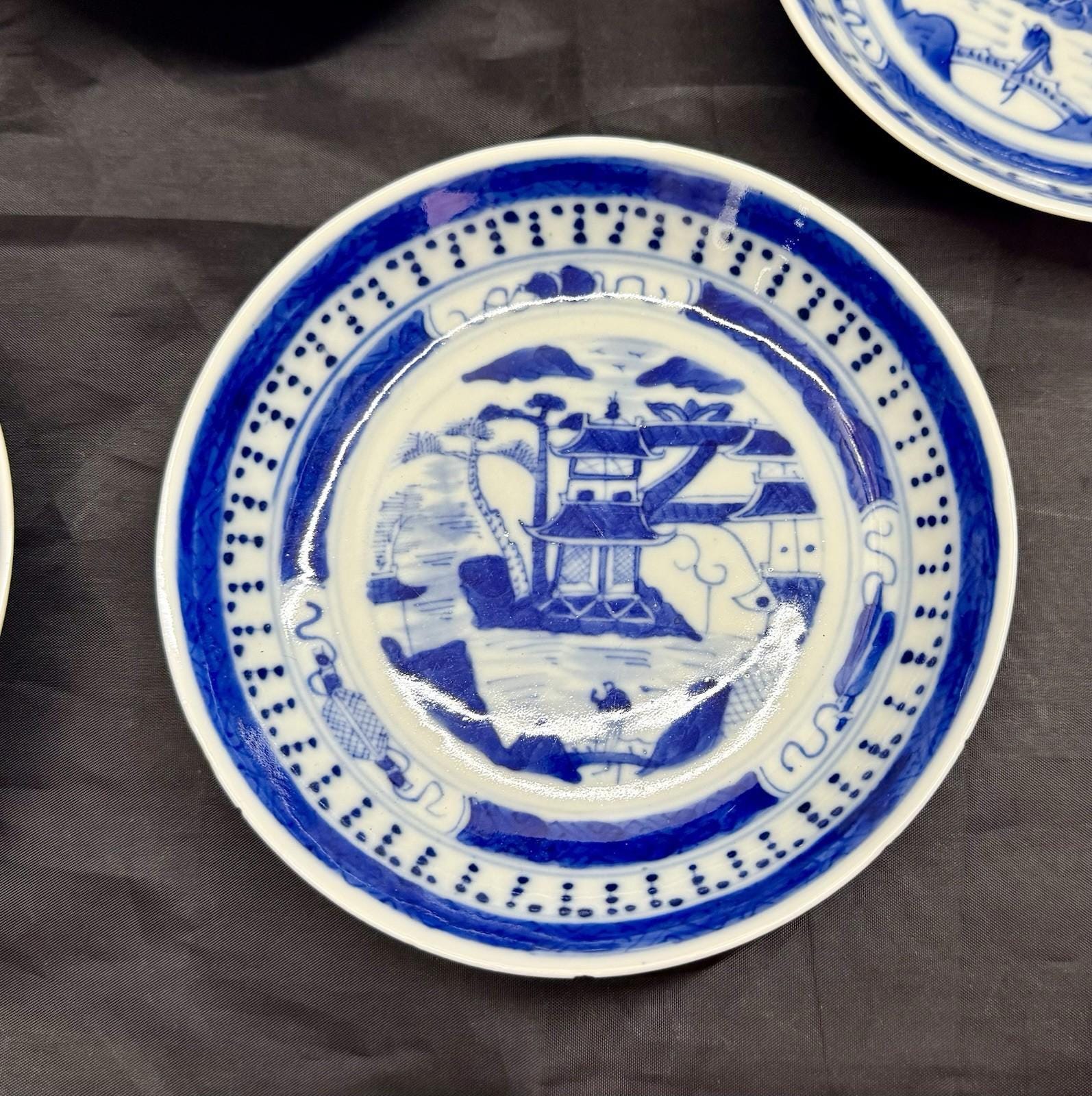 Antique Set Of 5 Chinese Export Canton Blue and White Plates 5.5” High Rim RARE!