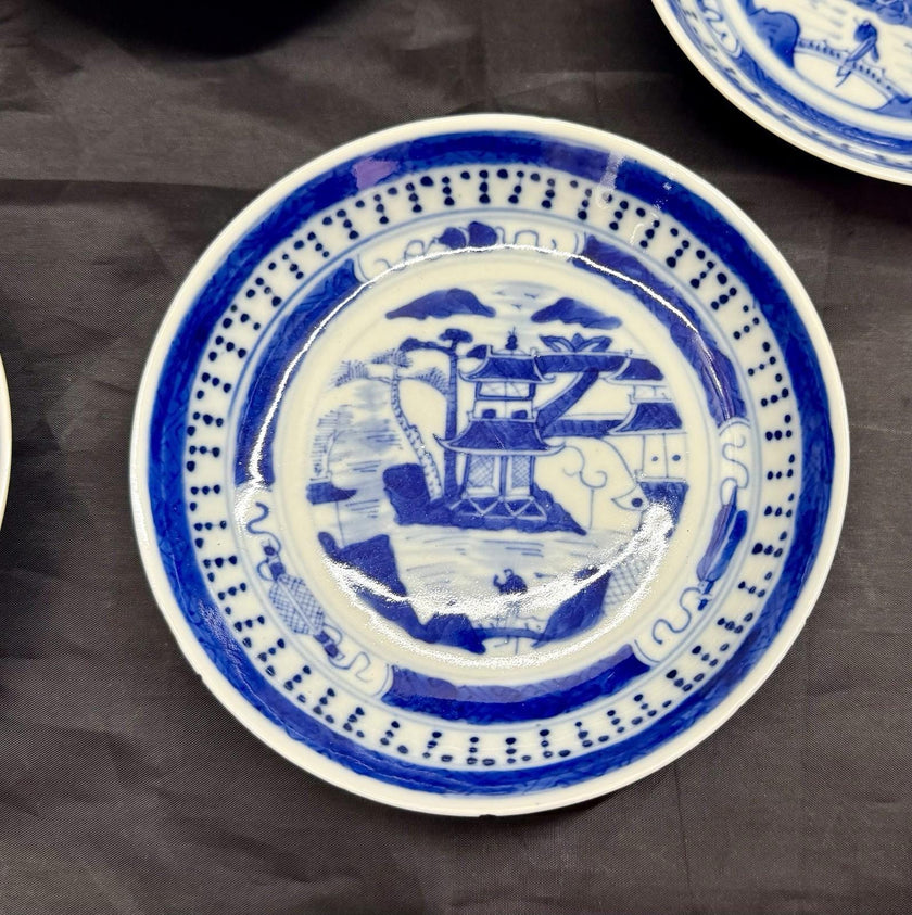 Antique Set Of 5 Chinese Export Canton Blue and White Plates 5.5” High Rim RARE!