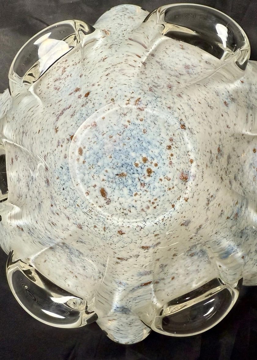 Vintage Murano Aventurine Italian Glass Bowl Fratelli Toso Opalescent White Blue