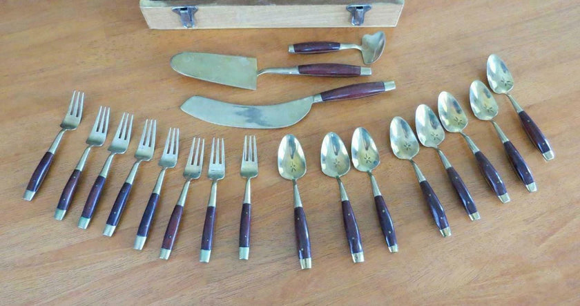 Vintage Thailand Siam Gold Bronze Rosewood Dessert Serving Set of 19 with Chest