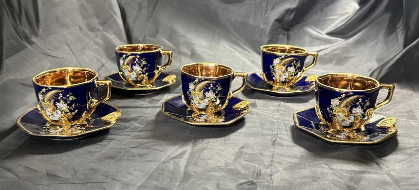 Set of 5 Royal Linoj Seckin Limoges Cobalt Blue 24K Gold Demitasse Cups Saucers