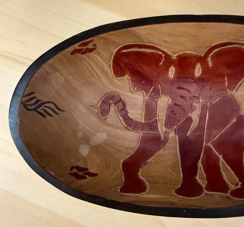Vintage Hand Carved African Rosewood Oval Elephant Bowl 8” Long