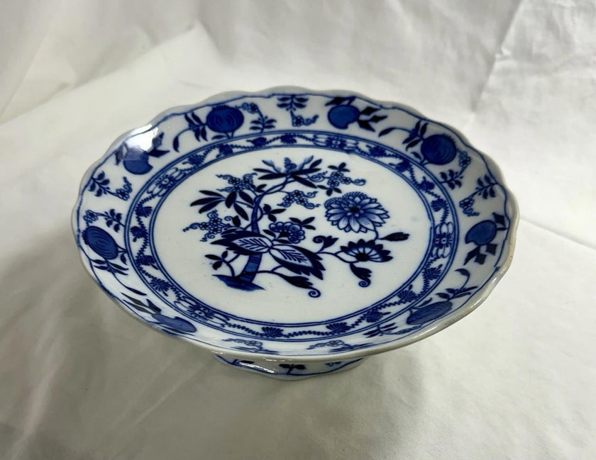 Antique Lewis Straus & Sons Blue Meissen Pedestal Cake Stand Blue Onion Pattern
