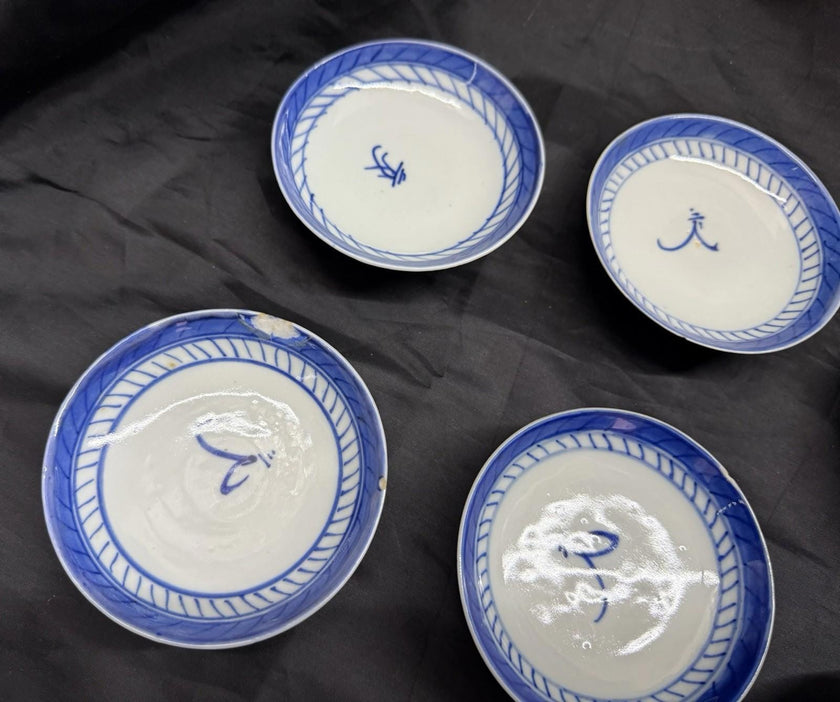 Antique Set 7 Chinese Blue & White Porcelain Sauce Dishes Canton Pattern Footed