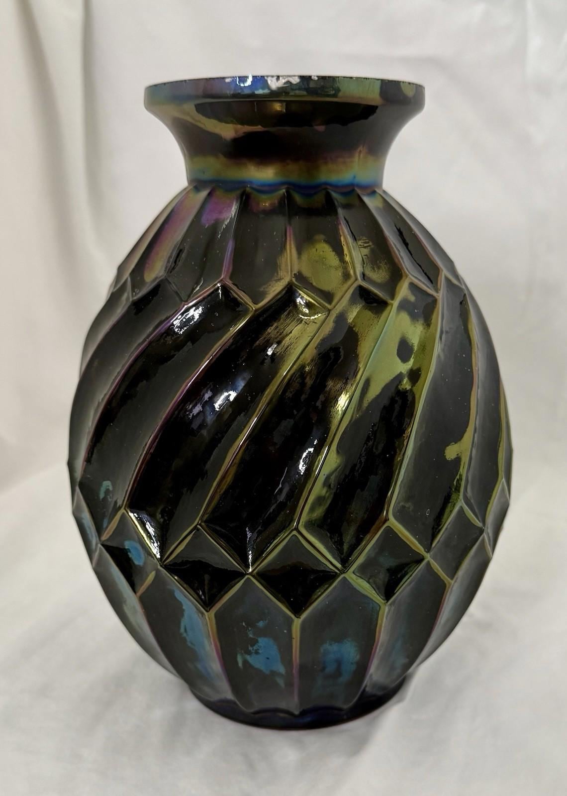 Vintage Black Iridescent Art Deco Avec Rectangles Carnival Glass Rainbow RARE