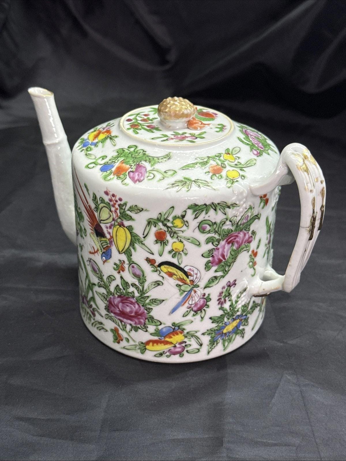 Antique Chinese Porcelain Teapot with Lid Cantonese Famile Rose 19th Century