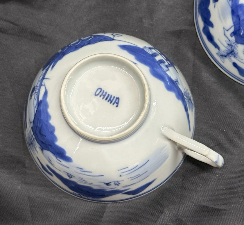 Antique Set 3 Chinese Export Blue & White Canton Pattern Porcelain Tea Cups Rare
