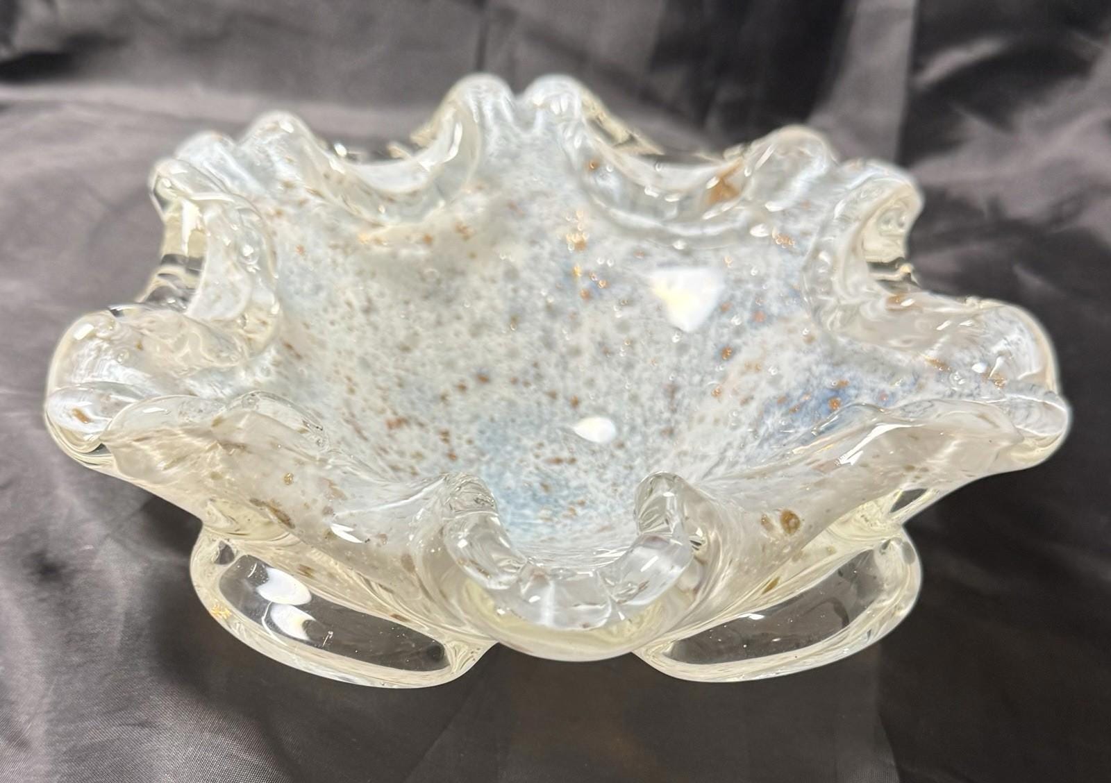Vintage Murano Aventurine Italian Glass Bowl Fratelli Toso Opalescent White Blue