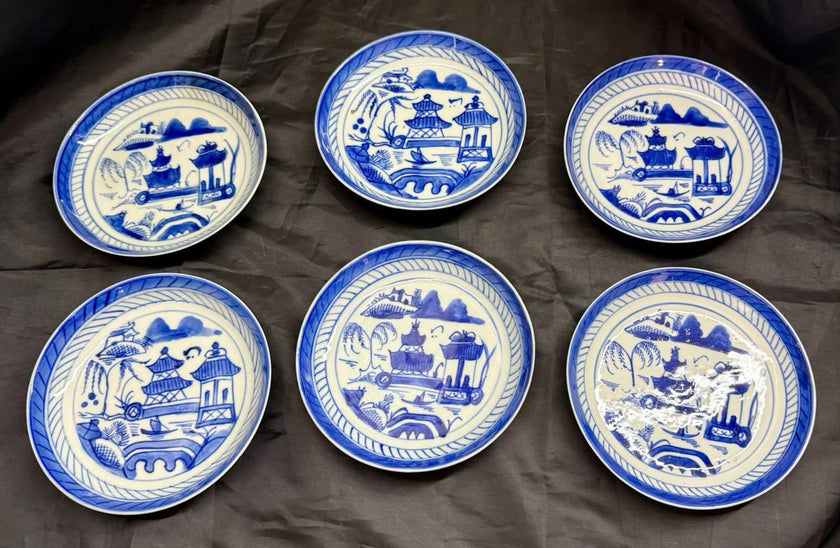Antique Set Of 6 Chinese Export Canton Blue and White Plates 6” High Rim RARE!