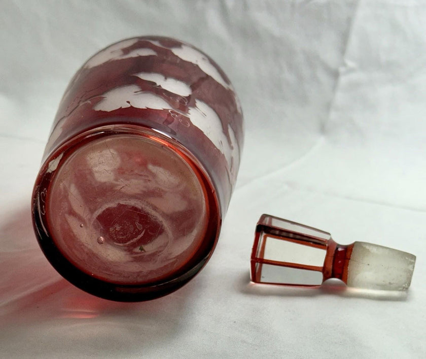 Antique Bohemian Czech Engraved Ruby Blown Glass Decanter & Stopper 19th Century