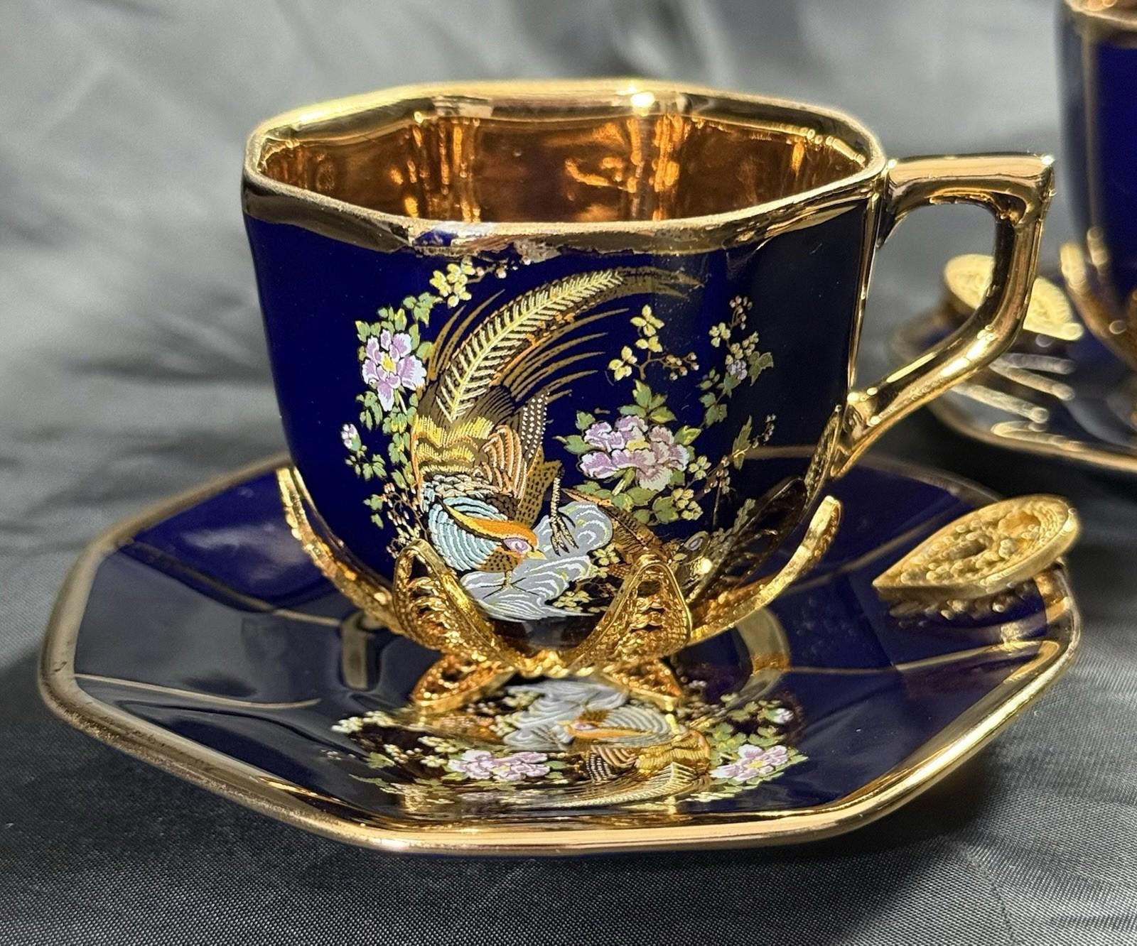 Set of 5 Royal Linoj Seckin Limoges Cobalt Blue 24K Gold Demitasse Cups Saucers