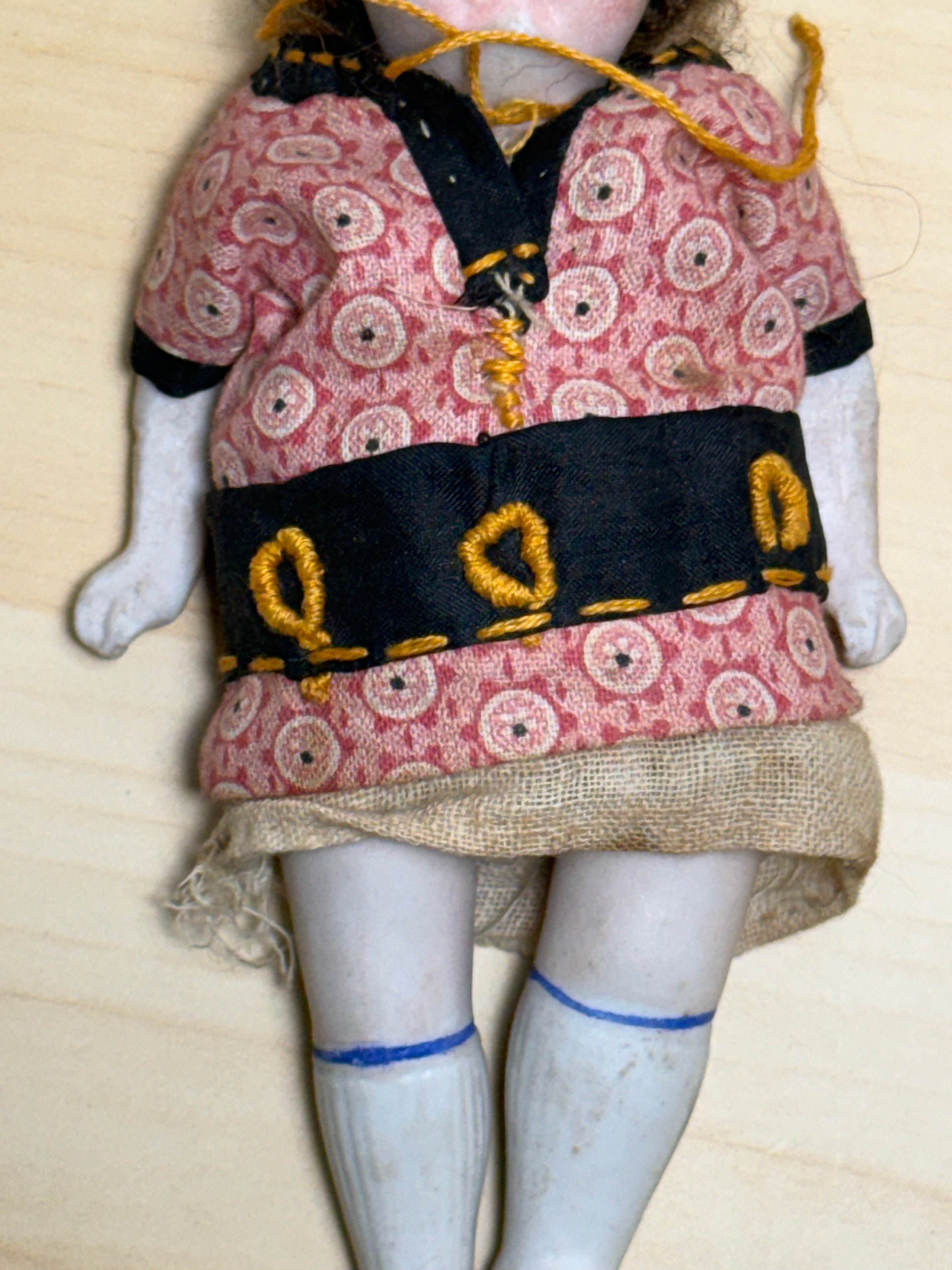 Antique Bisque Porcelain Jointed Doll Painted Blue Socks Original Cloth Dress