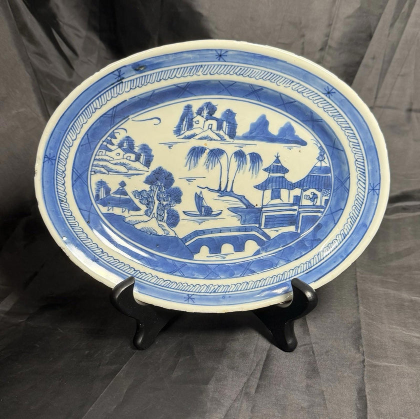 Antique Chinese Canton Blue & White Porcelain Small Oval Dish 9x11” Circa 19th C