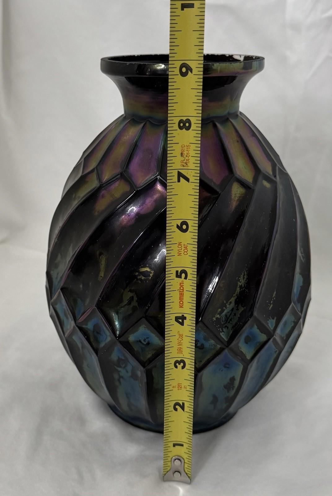 Vintage Black Iridescent Art Deco Avec Rectangles Carnival Glass Rainbow RARE