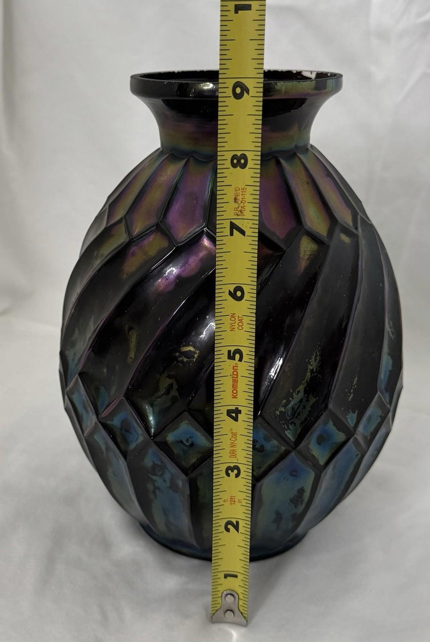 Vintage Black Iridescent Art Deco Avec Rectangles Carnival Glass Rainbow RARE