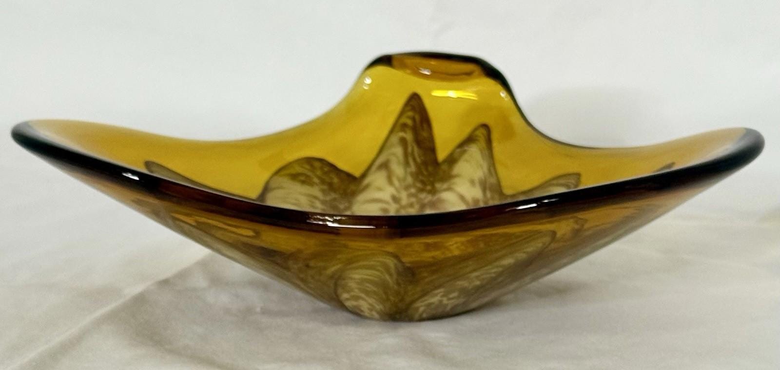 Vintage Murano Princess House Amber Aventurine Abstract Flower Art Glass Bowl