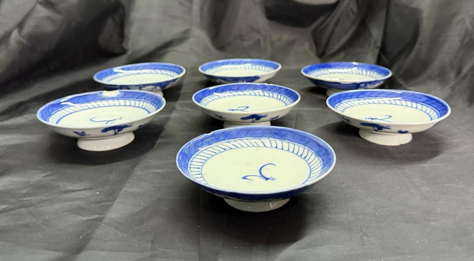 Antique Set 7 Chinese Blue & White Porcelain Sauce Dishes Canton Pattern Footed