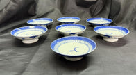 Antique Set 7 Chinese Blue & White Porcelain Sauce Dishes Canton Pattern Footed