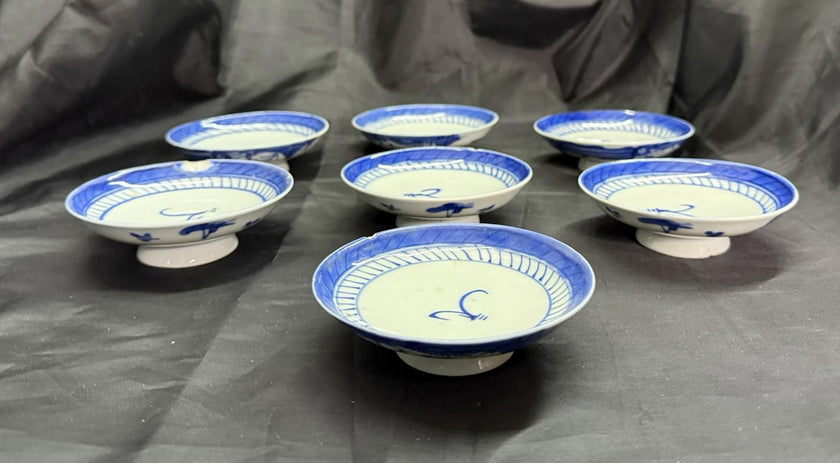 Antique Set 7 Chinese Blue & White Porcelain Sauce Dishes Canton Pattern Footed