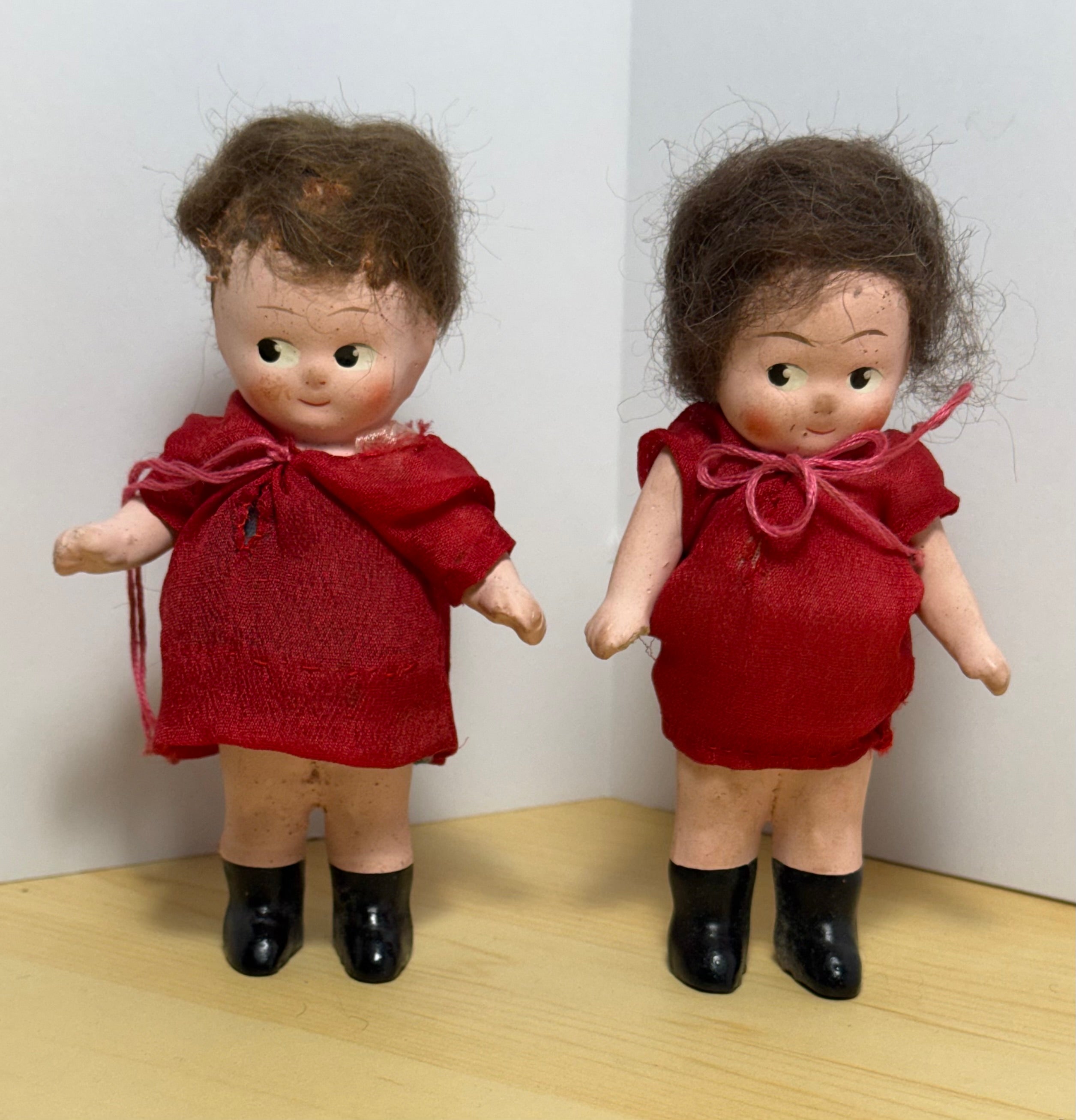 Pair of Vintage 1930s Roberta Composition Kewpie-Style Dolls in Red Dresses