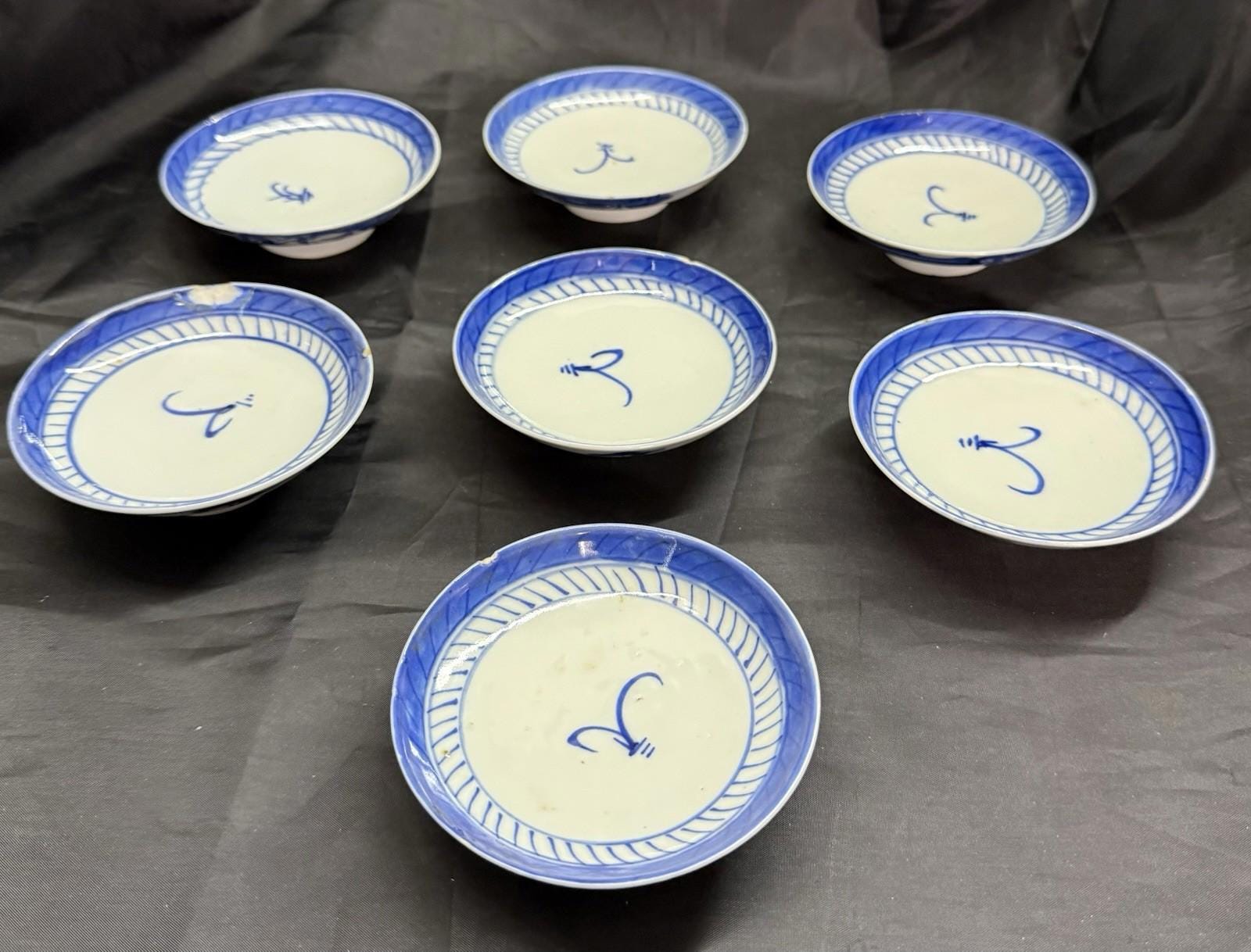 Antique Set 7 Chinese Blue & White Porcelain Sauce Dishes Canton Pattern Footed