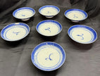 Antique Set 7 Chinese Blue & White Porcelain Sauce Dishes Canton Pattern Footed