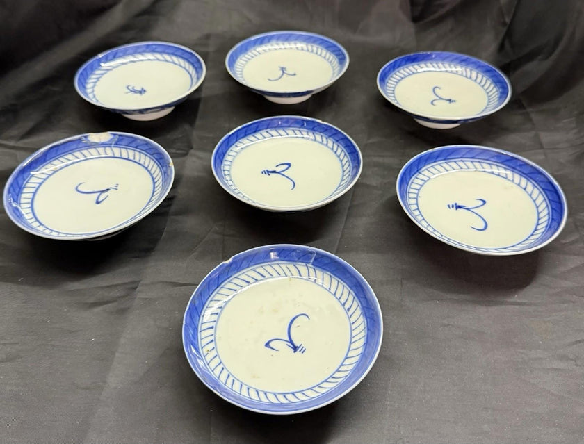 Antique Set 7 Chinese Blue & White Porcelain Sauce Dishes Canton Pattern Footed