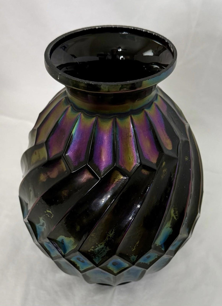 Vintage Black Iridescent Art Deco Avec Rectangles Carnival Glass Rainbow RARE