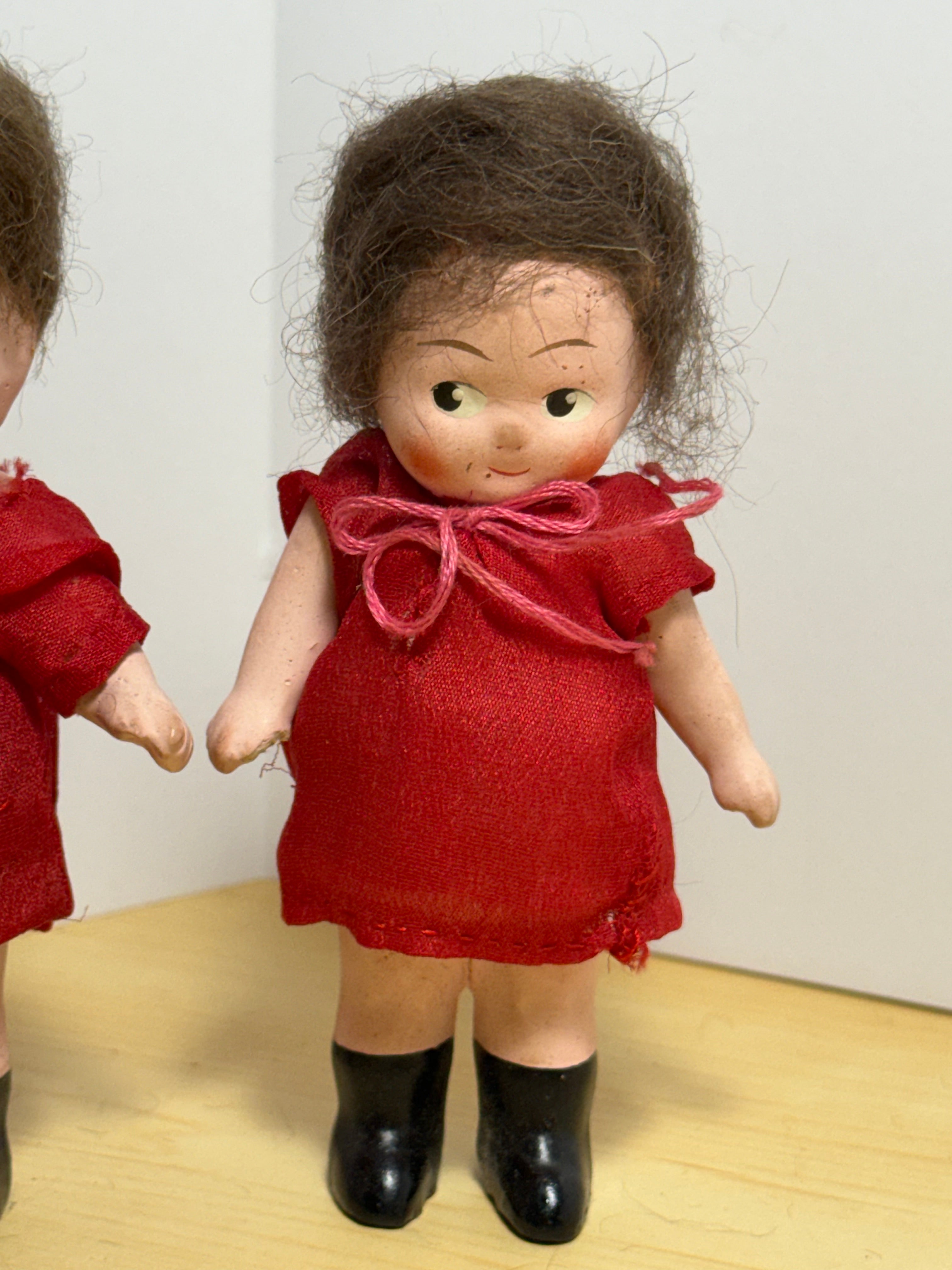 Pair of Vintage 1930s Roberta Composition Kewpie-Style Dolls in Red Dresses