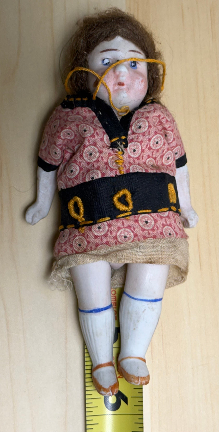 Antique Bisque Porcelain Jointed Doll Painted Blue Socks Original Cloth Dress