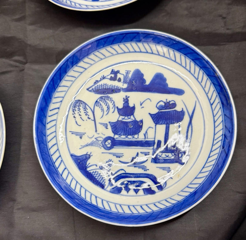 Antique Set Of 6 Chinese Export Canton Blue and White Plates 6” High Rim RARE!