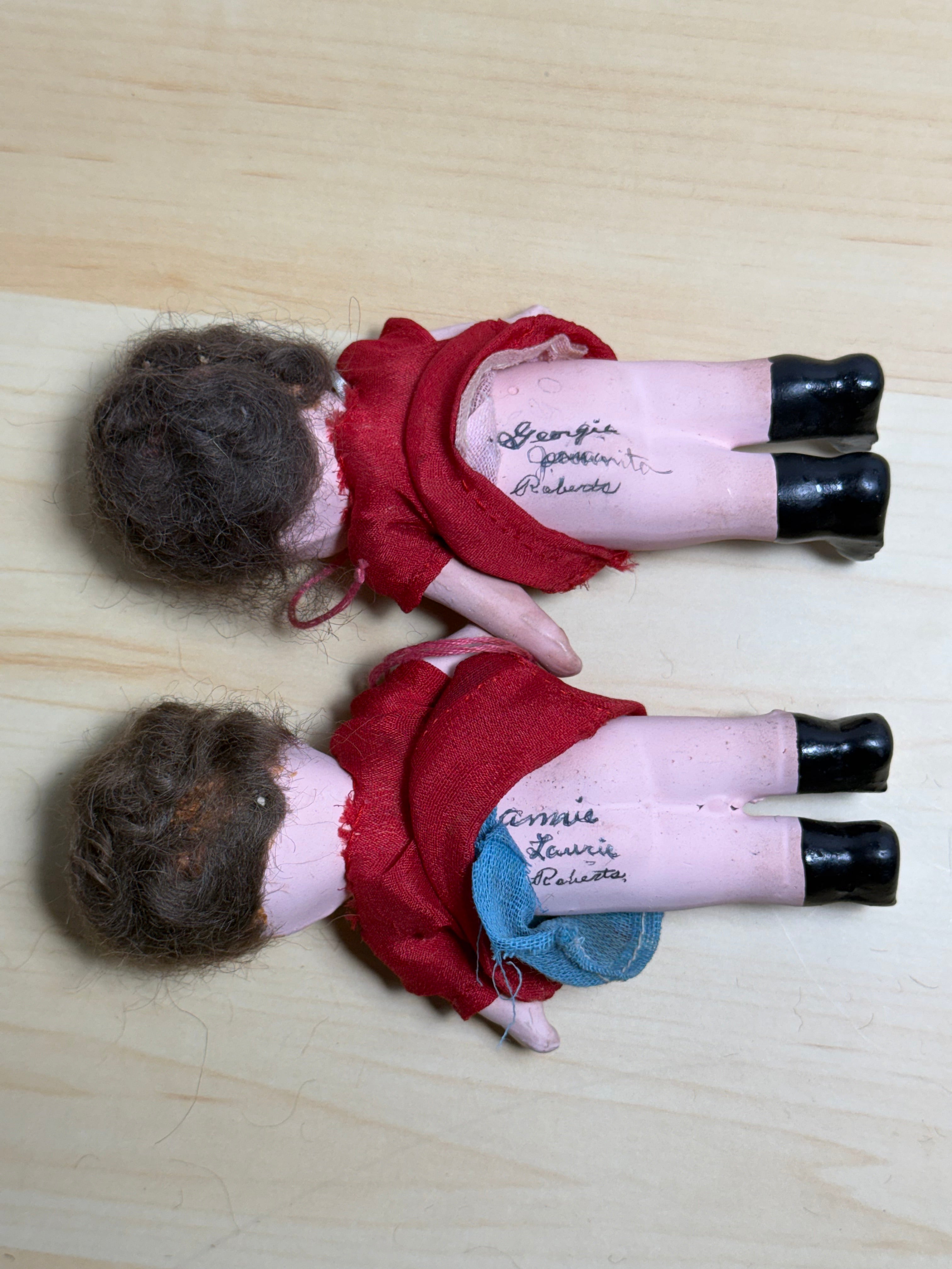 Pair of Vintage 1930s Roberta Composition Kewpie-Style Dolls in Red Dresses