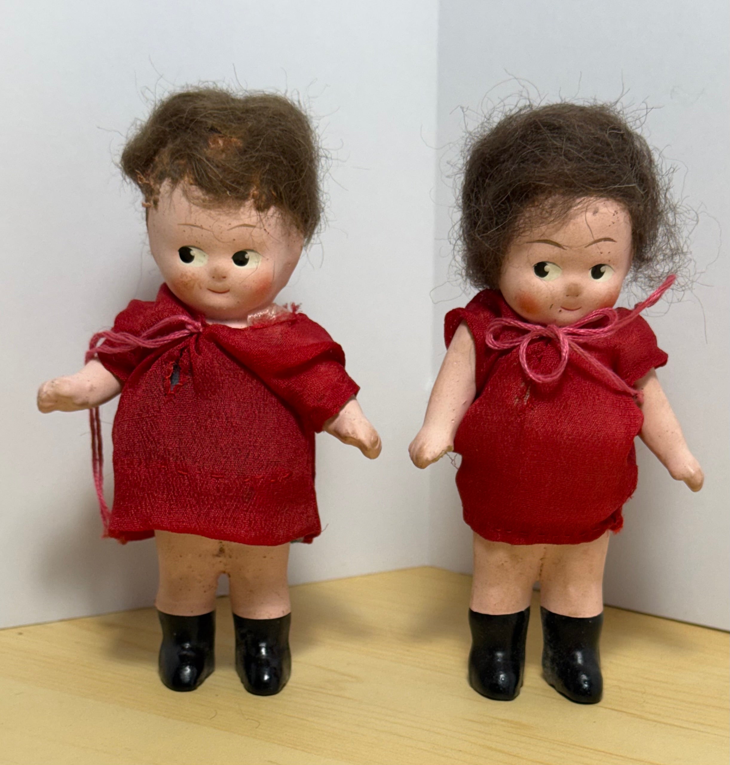 Pair of Vintage 1930s Roberta Composition Kewpie-Style Dolls in Red Dresses