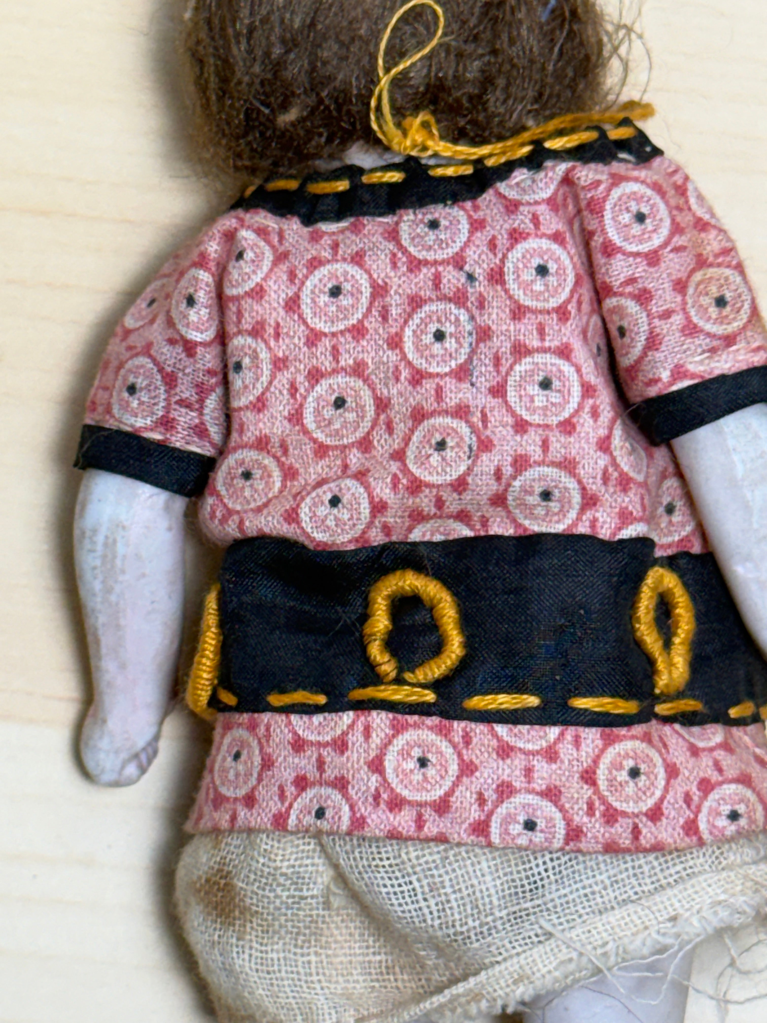 Antique Bisque Porcelain Jointed Doll Painted Blue Socks Original Cloth Dress