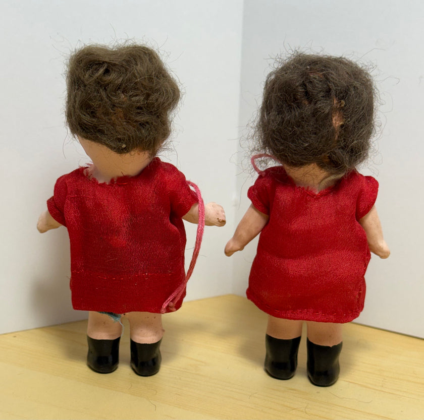 Pair of Vintage 1930s Roberta Composition Kewpie-Style Dolls in Red Dresses
