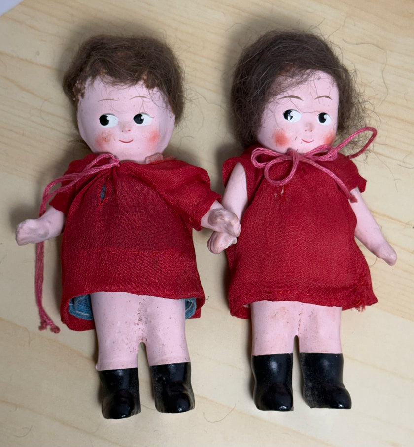 Pair of Vintage 1930s Roberta Composition Kewpie-Style Dolls in Red Dresses
