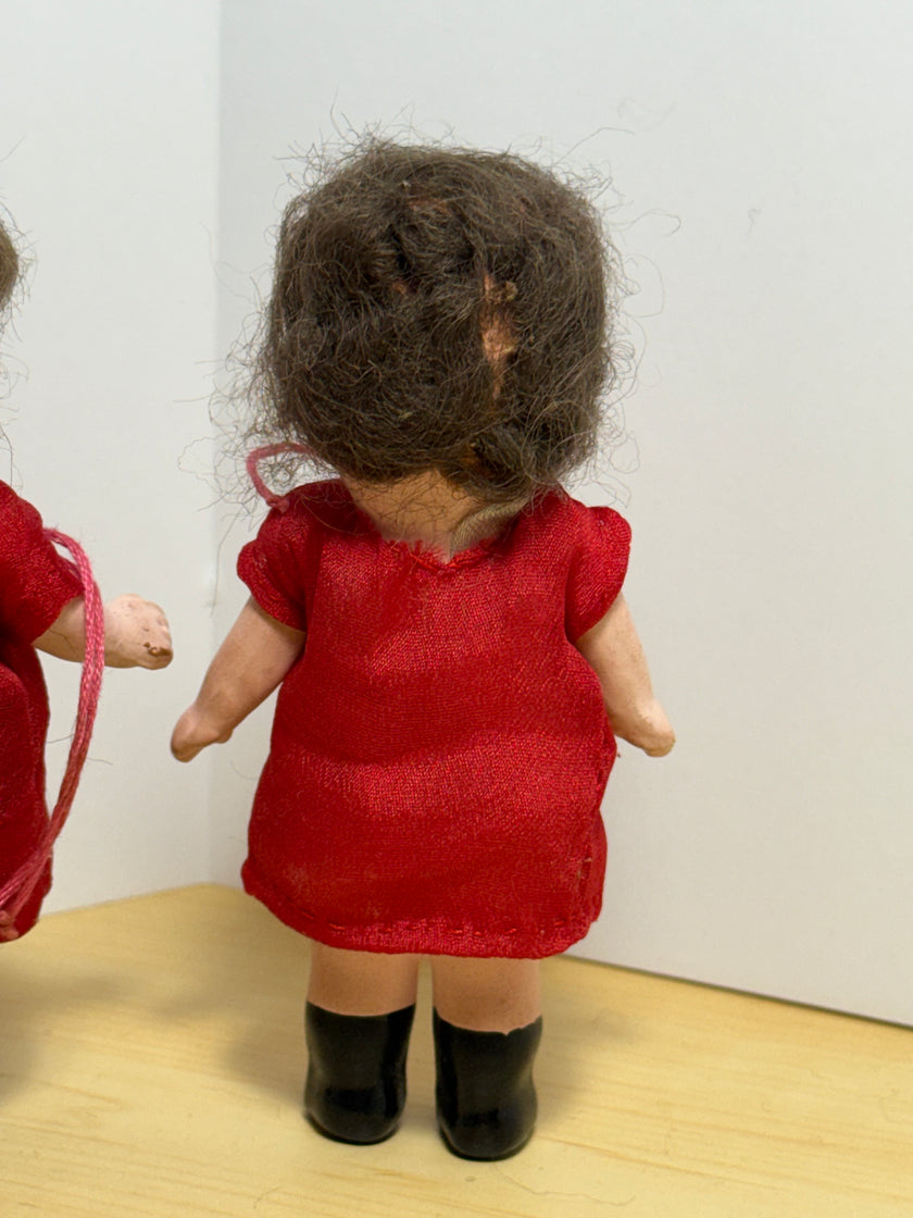 Pair of Vintage 1930s Roberta Composition Kewpie-Style Dolls in Red Dresses