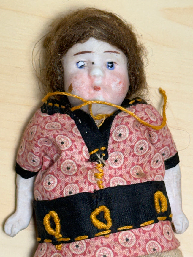 Antique Bisque Porcelain Jointed Doll Painted Blue Socks Original Cloth Dress