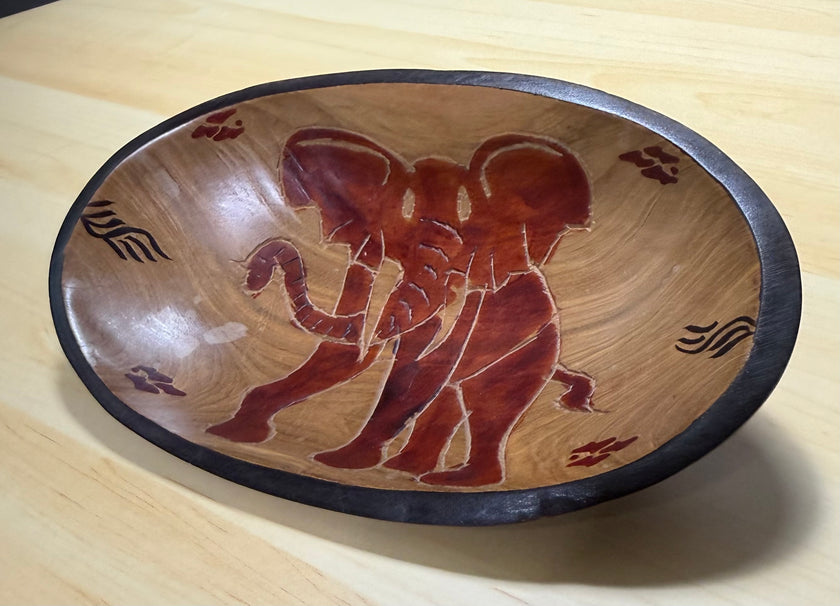 Vintage Hand Carved African Rosewood Oval Elephant Bowl 8” Long