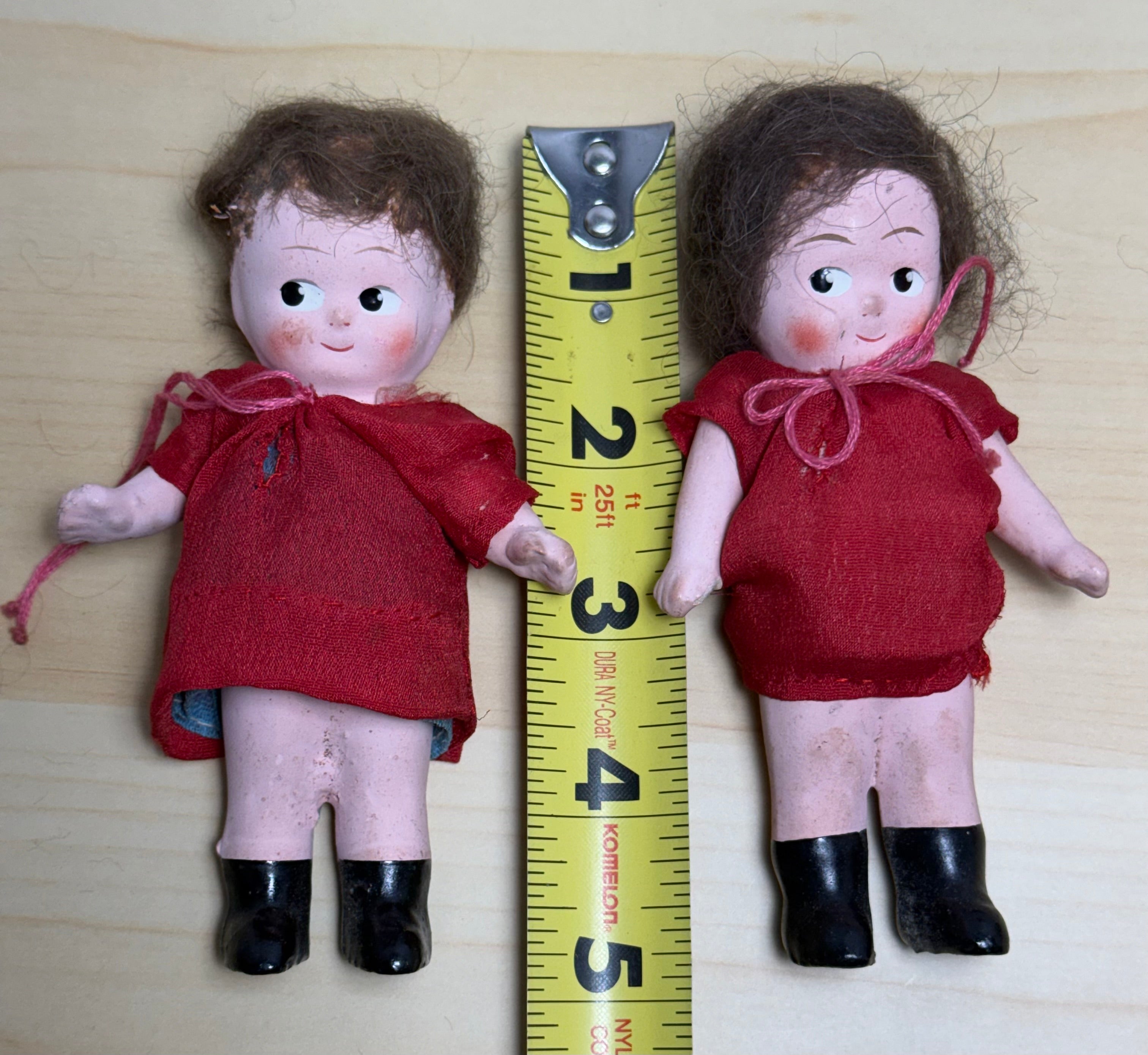 Pair of Vintage 1930s Roberta Composition Kewpie-Style Dolls in Red Dresses