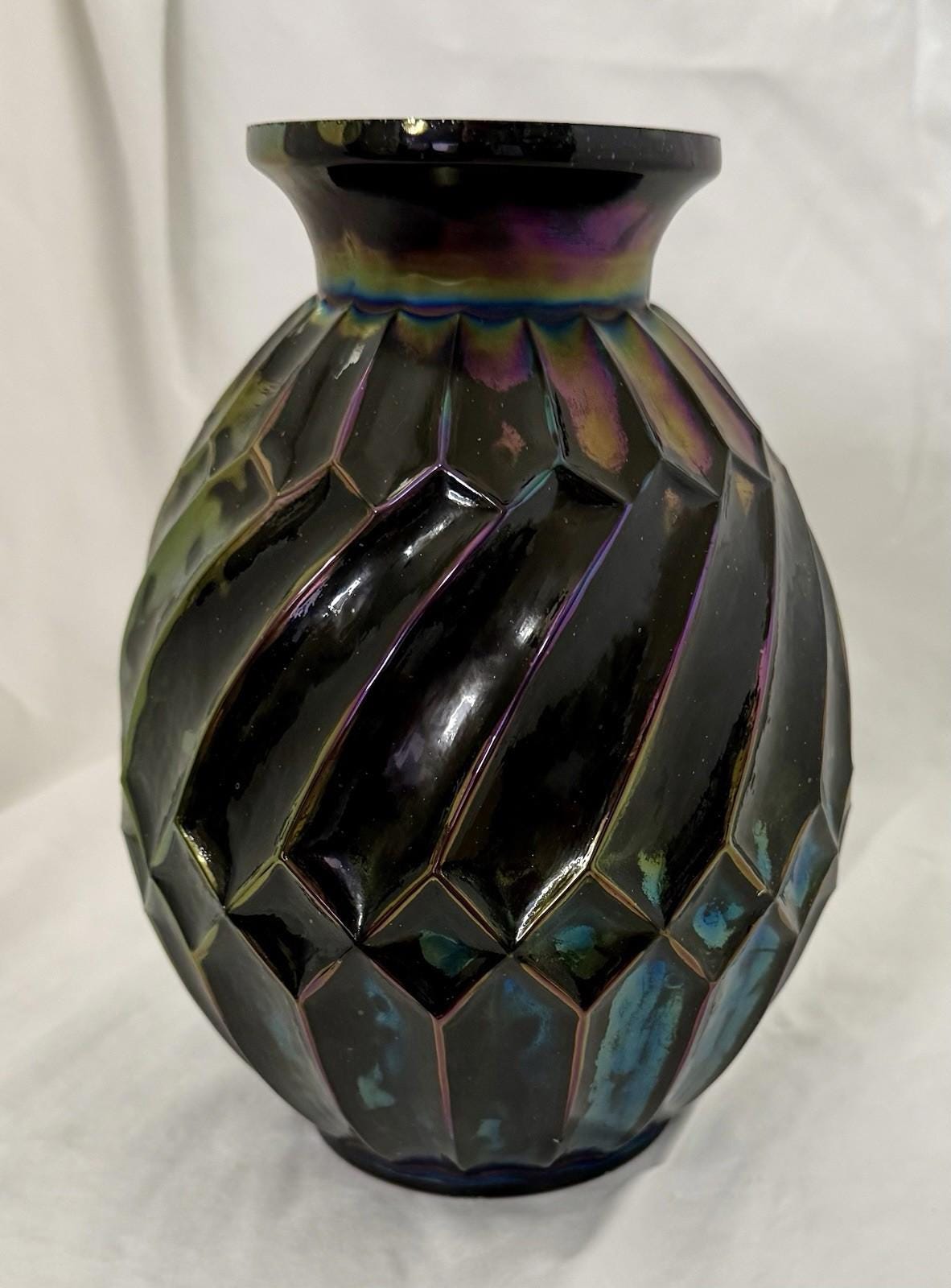 Vintage Black Iridescent Art Deco Avec Rectangles Carnival Glass Rainbow RARE
