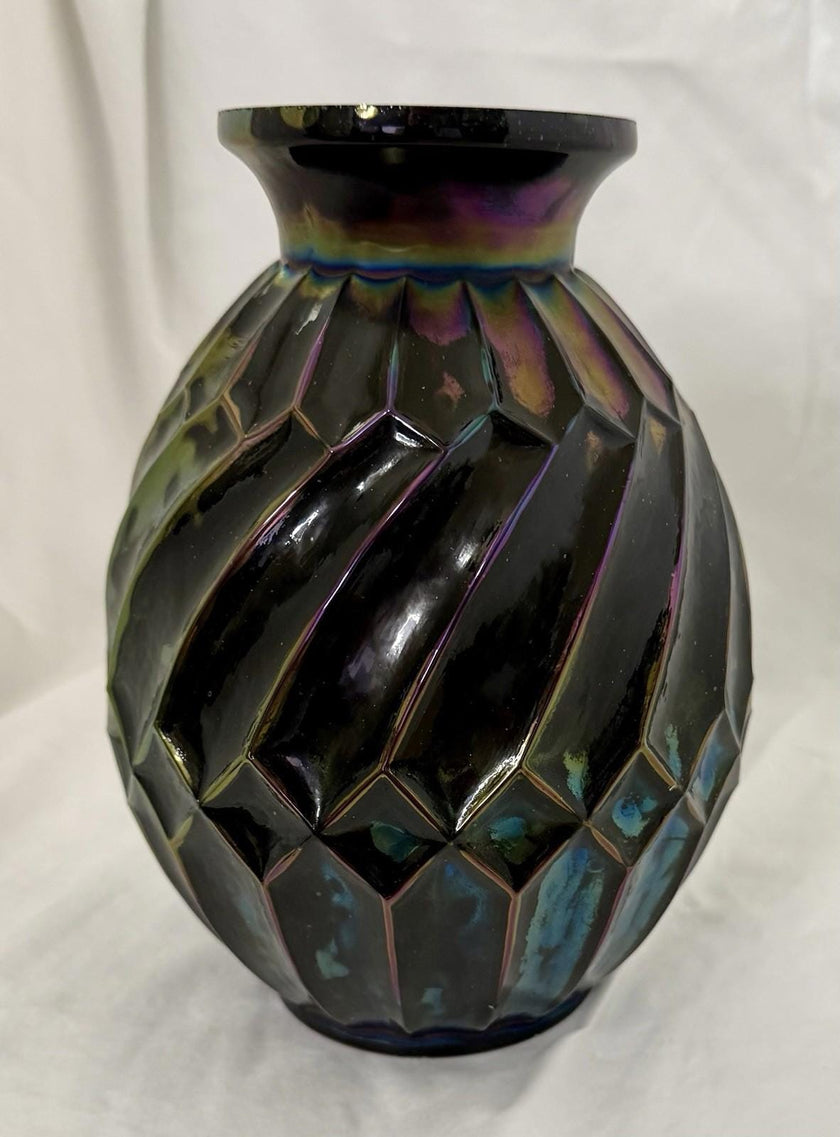 Vintage Black Iridescent Art Deco Avec Rectangles Carnival Glass Rainbow RARE