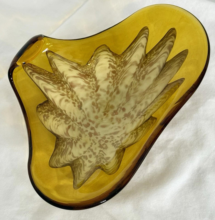 Vintage Murano Princess House Amber Aventurine Abstract Flower Art Glass Bowl