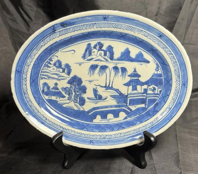 Antique Chinese Canton Blue & White Porcelain Small Oval Dish 9x11” Circa 19th C