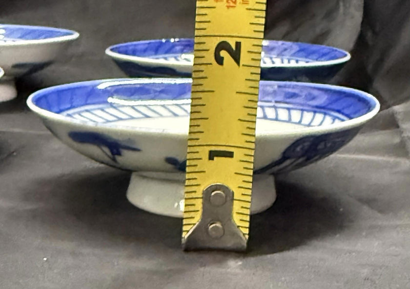 Antique Set 7 Chinese Blue & White Porcelain Sauce Dishes Canton Pattern Footed