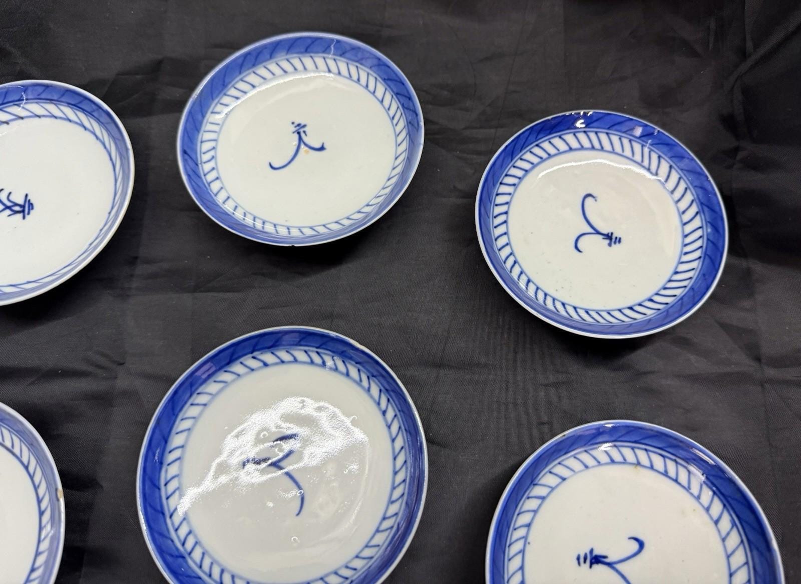 Antique Set 7 Chinese Blue & White Porcelain Sauce Dishes Canton Pattern Footed