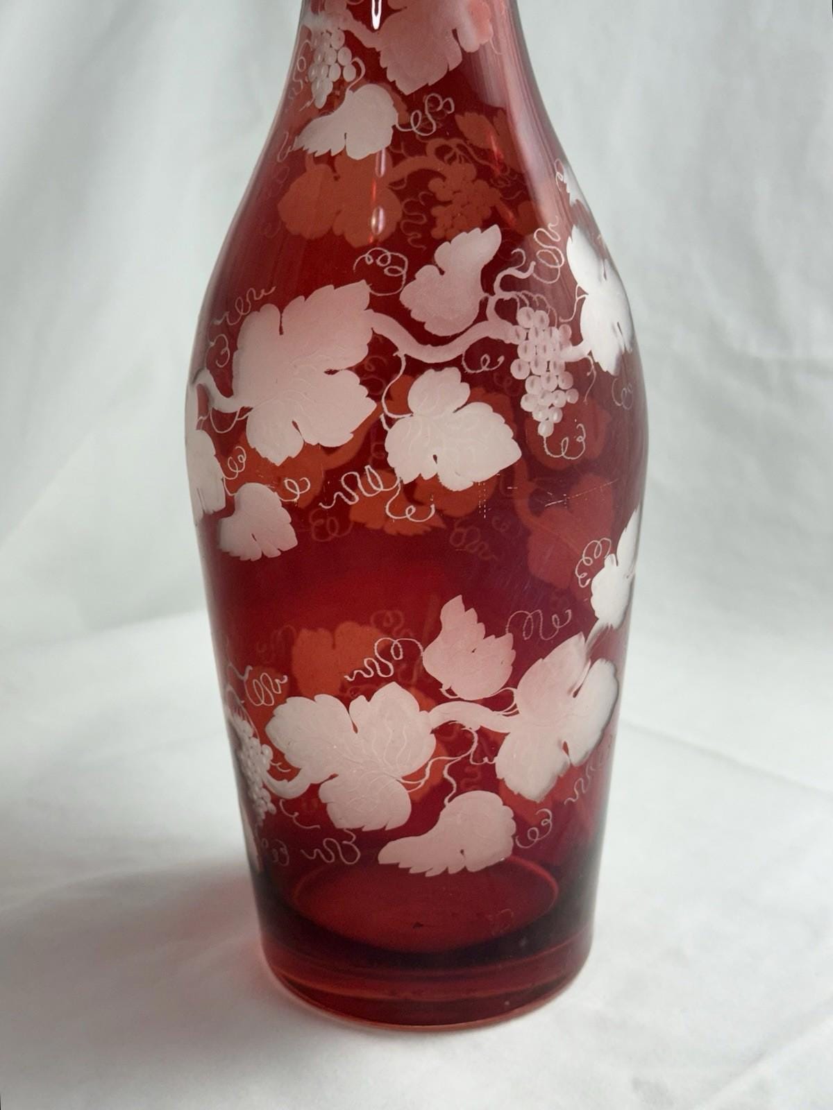 Antique Bohemian Czech Engraved Ruby Blown Glass Decanter & Stopper 19th Century